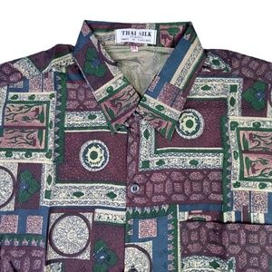 VTG THAI SILK By Apple Shirt Men’s Short Sleeve Button Front Sz. M Purple Green